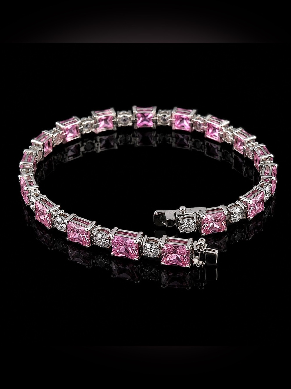 Pink & Clear Crystal Tennis Bracelet Style, Silver Tone Setting, NWOT